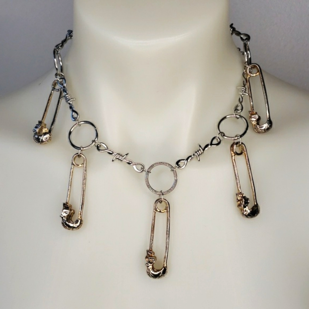 Silver gold skull punk goth emo safety pin choker necklace
